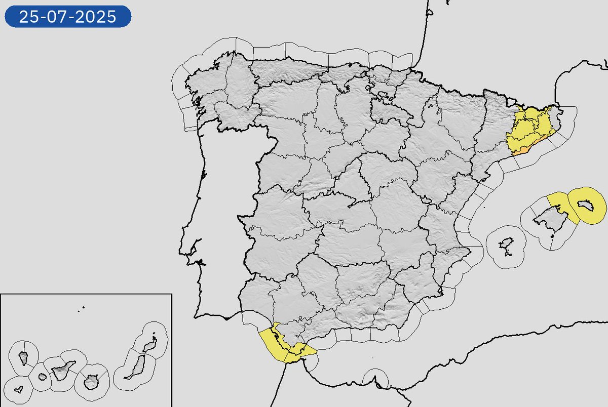 AEMET_Esp's tweet image. 25/07 11:24 Avisos activos hoy y mañana en España por costeros, tormentas, lluvias y vientos. Nivel máximo de aviso: naranja.
Actualizaciones en aemet.es/es/eltiempo/pr…