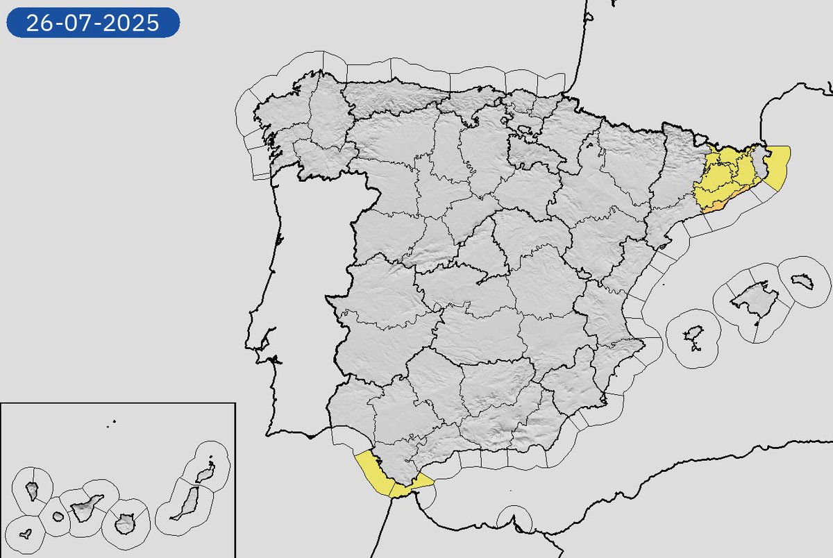 AEMET_Esp's tweet image. 25/07 11:24 Avisos activos hoy y mañana en España por costeros, tormentas, lluvias y vientos. Nivel máximo de aviso: naranja.
Actualizaciones en aemet.es/es/eltiempo/pr…