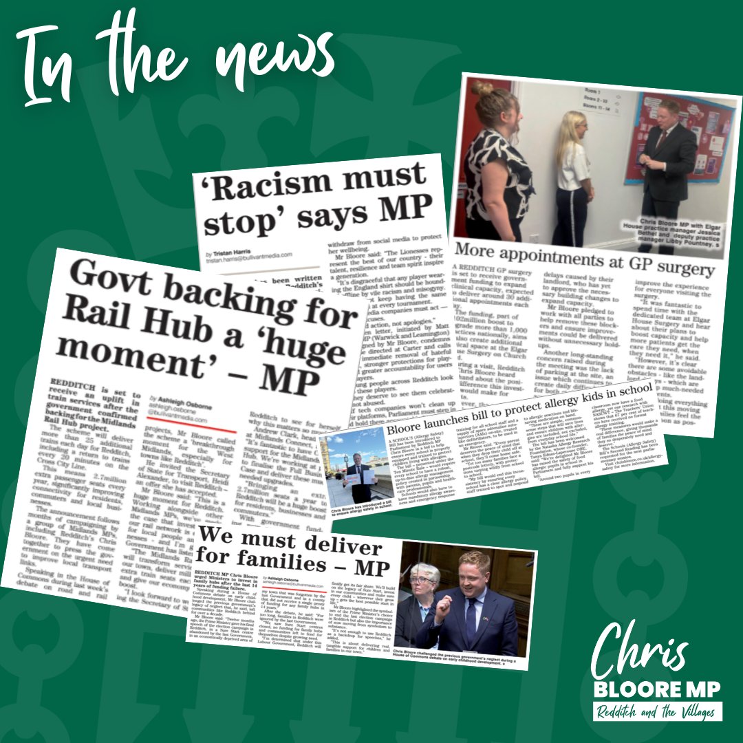 ChrisBloore's tweet image. 📰 IN THE NEWS
🚆 Over 25 extra trains daily confirmed—services every 20 minutes
🏥 30 more GP appointments each day at Elgar House
📚 Leading on the Schools (Allergy Safety) Bill to protect children nationwide
Read more in today's @RedStand:
redditchstandard.co.uk/editions/