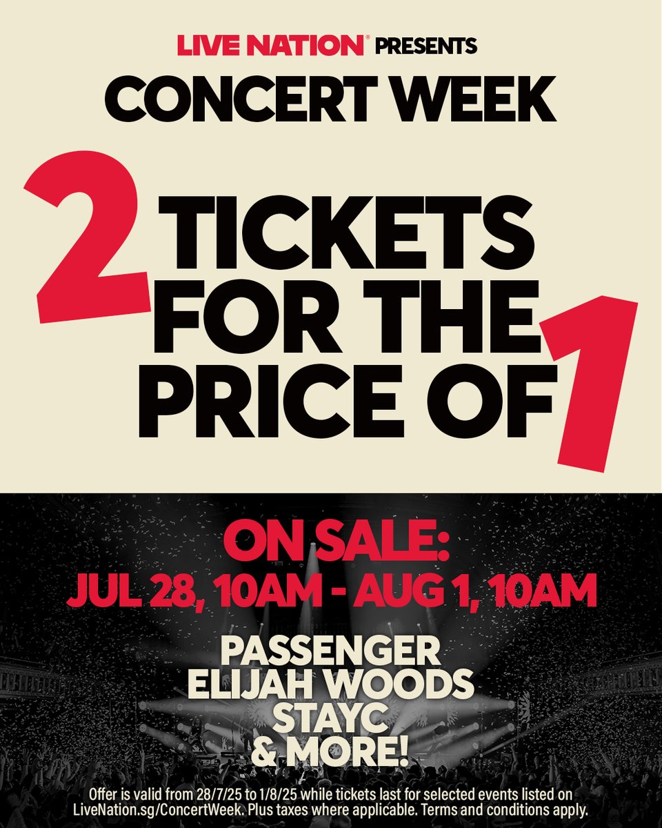 On-sale for Concert Week has started! From now till 1 Aug (Fri) 10am*, grab your tickets to your favourite shows NOW!

📅 Now till 1 Aug (Fri), 10am
🎟️ More details visit livenation.sg/concertweek

*While tickets last!

#livenationsg #concertweek #ticketmasterSG