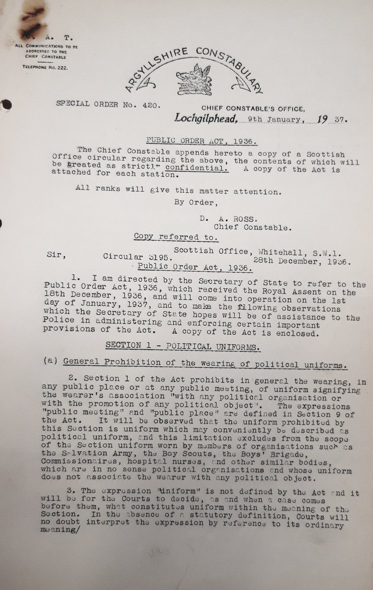 HLHArchives's tweet image. Special Order, Argyllshire Constabulary, 1937, re banning of political uniforms in public spaces/meetings (Public Order Act 1936). Examples given include Oswald Mosley's British Union of Fascists and National Socialists.
(R91/F/4/3)
#archives #History #HLH