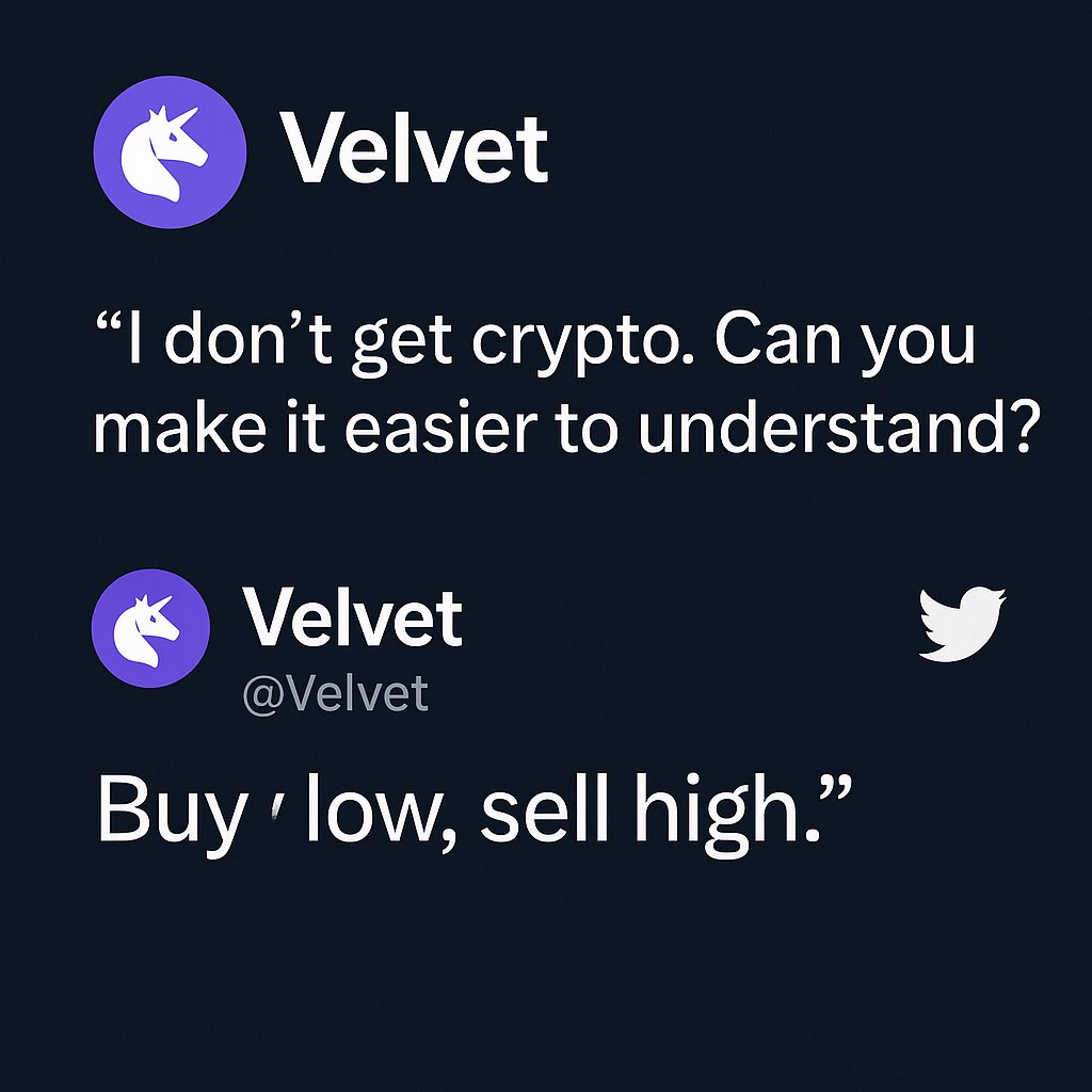 Orochi_kkhalifa's tweet photo. Crypto doesnβt have to be complicated.
At @Velvet, we simplify DeFi so anyone can win even if your only strategy is βbuy low, sell high.
Start trading smarter with AI: https://t.co/3EsscUGGo2 π #DeFiMadeEasy #VelvetDex #CryptoSimplified
@Velvet_Capital https://t.co/oRSSkHgrKZ