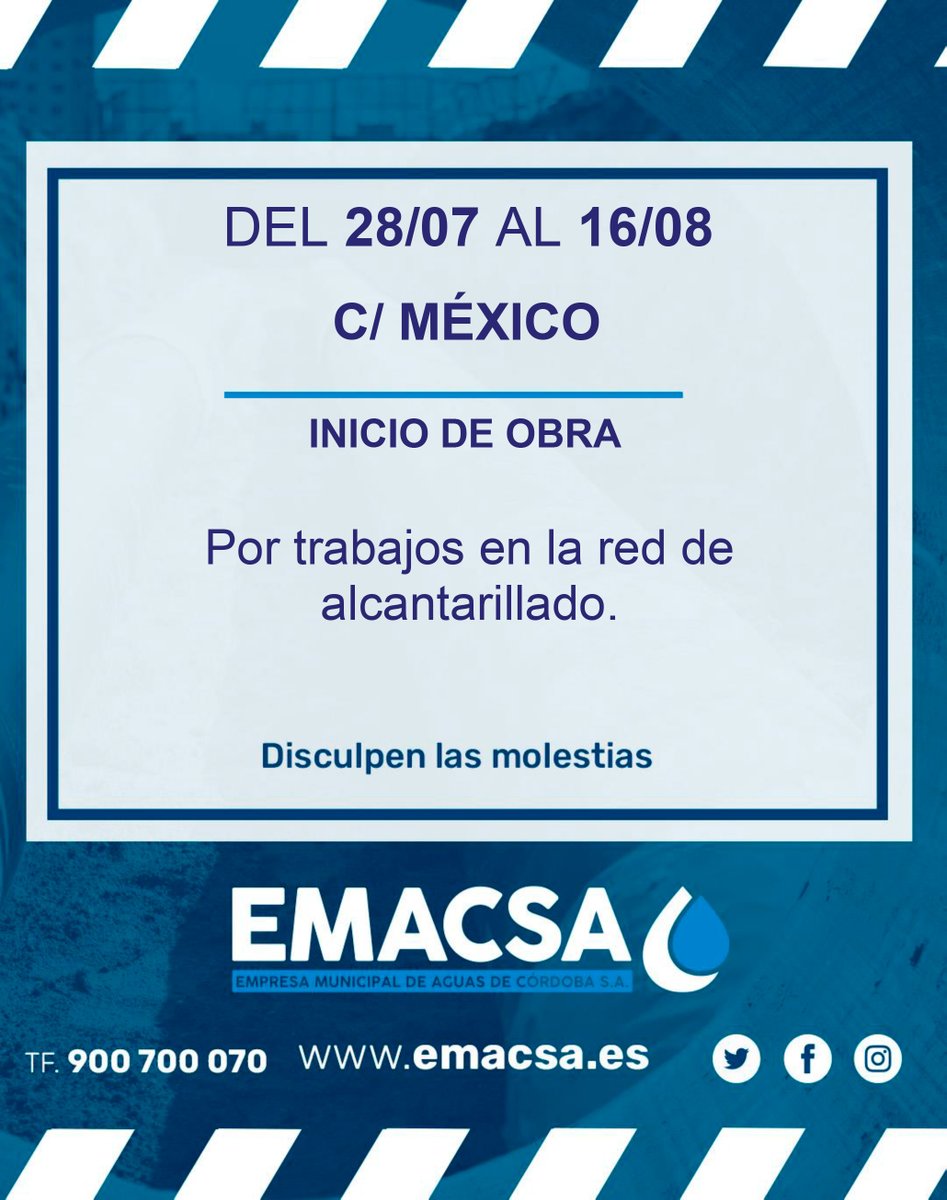 🔔 Os informamos que:
👉🏻 Corte de tráfico en CALLE MÉXICO (entre avenida de la Arruzafa y calle París) por trabajos en la red de alcantarillado (CT 129/2025).
·
Del 28 de julio al 16 de agosto
¡Disculpen las molestias!
.
#Emacsa #obras #agua #TrabajamosPorUsted