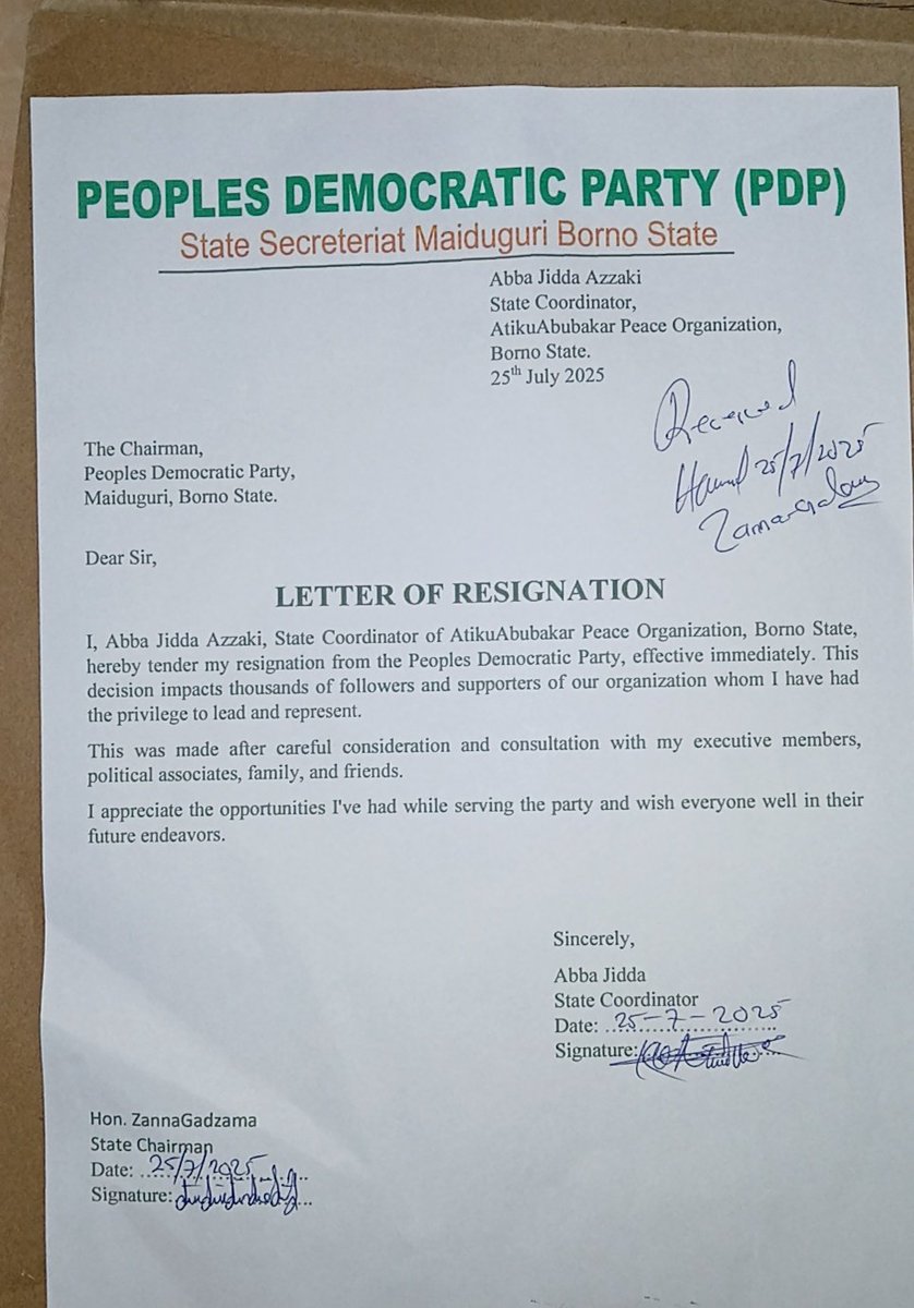 OfficialAzzaki's tweet image. I, Abba Jidda, along with my supporters, hereby resign from the People’s Democratic Party (PDP) with immediate effect.
We thank the party for the time we spent together and wish it well in its future endeavors. Our next political steps will be communicated soon.