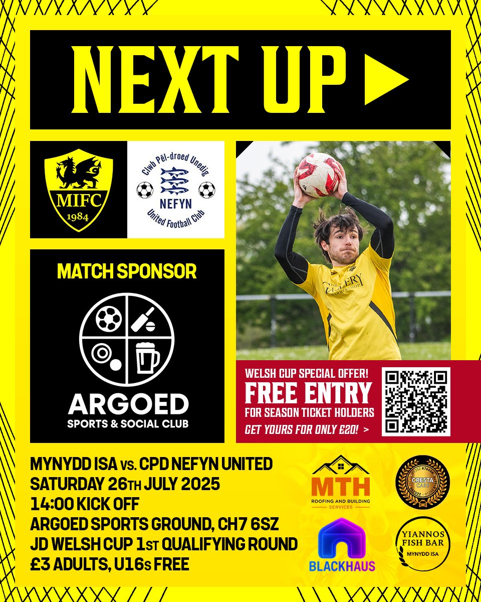 NEXT UP 👉

MIFC vs. <a href="/CpdNefyn/">Cpd Nefyn</a>
📅 Saturday 26th July 2025
⏰ 14:00 kick off
🏟️ Argoed Sports Ground, CH7 6SZ
🏆 JD Welsh Cup First Qualifying Round
🎟️ £3 Adults, U16s Free

Join us at the Argoed for our first competitive game of the 2025/26 season! #uptheisa 🟡⚫