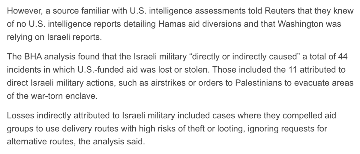 Adil Haque (@adhaque110) on Twitter photo "a source familiar with U.S. intelligence assessments told Reuters that they knew of no U.S. intelligence reports detailing Hamas aid diversions and that Washington was relying on Israeli reports."
A war crime built on a lie. "a source familiar with U.S. intelligence assessments told Reuters that they knew of no U.S. intelligence reports detailing Hamas aid diversions and that Washington was relying on Israeli reports."
A war crime built on a lie.