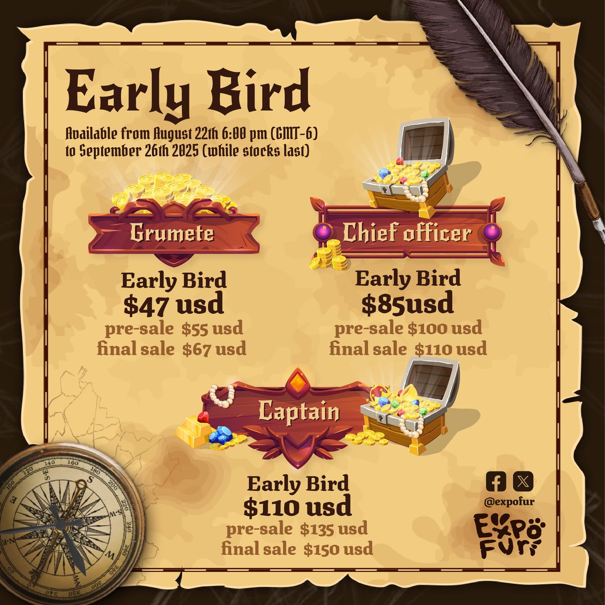 expofur's tweet image. Attention, sailors! 🦜
Set sail and prepare your gold coins!
A limited presale is approaching like a storm on the high seas…⚓
☠️ ExpoFur presale begins August 22nd,
and only the fastest will get on board at the best price!
The tickets will fly faster than a cannonball!
#Furry
