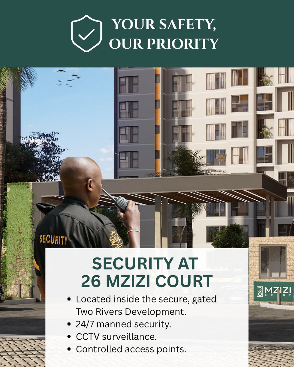At 26 Mzizi Court, your peace of mind comes first.
With round-the-clock Tribus manned security, CCTV surveillance, and controlled access, you can rest easy knowing you’re safe within the gates of Two Rivers.

📍Visit us today and experience security redefined.
📞 +254 747 019 977