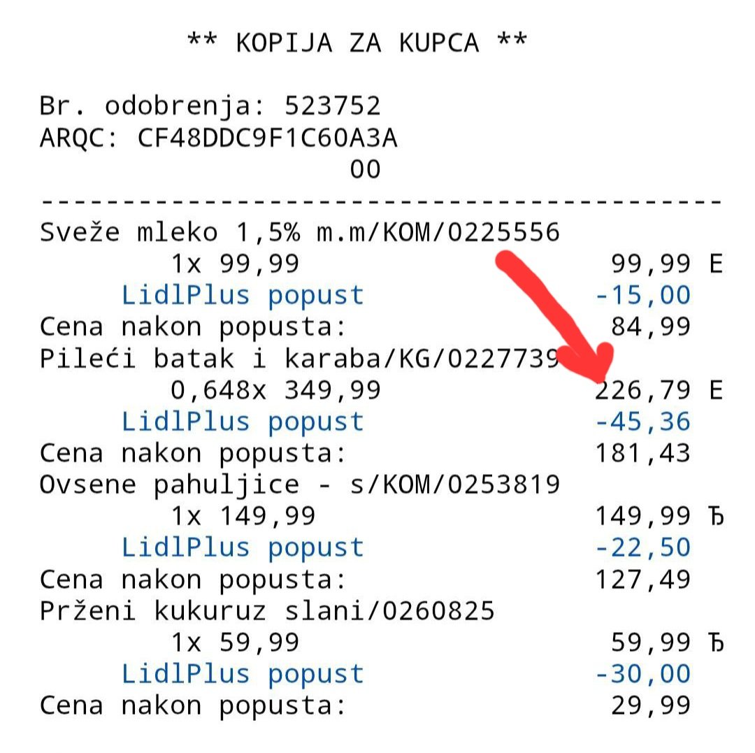 UBKEFEKTIVA's tweet image. Kako Lidl časti svoje potrošače❓
Na osnovnu cenu od 226,79 din, na kasi odobri popust, pa cena, posle "umanjenja" bude 181,43 din.
A na nalepnici ispod, vidi se da je zapravo regularna cena bila 181,43 din‼️