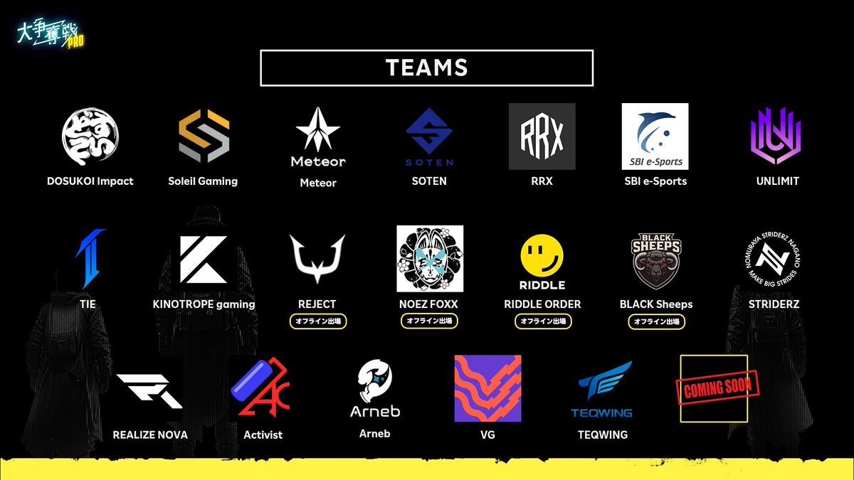 Rakuten esports (@rakutenesports) on Twitter photo â¥â£ãåå ããŒã çºè¡šãâ¢â€
8æ16æ¥ïŒåïŒéå¬ãRakuten esports cup 倧äºå¥ªæŠ PROã®åå ããŒã ãçºè¡šïŒð«ð
ã¿ããªã¯ã©ã®ããŒã ã«æ³šç®ããïŒ
ãããŠããªãã©ã€ã³äŒå Žã®åå ããŒã ã¯ãã¡ã!!
---
- REJECT
- RIDDLE ORDER
- NOEZ FOXX
- BLACK Sheeps
---
äŒå ŽèŠ³èŠ§ã®å¿åã¯7æ29æ¥ãŸã§ð
ð â¥â£ãåå ããŒã çºè¡šãâ¢â€
8æ16æ¥ïŒåïŒéå¬ãRakuten esports cup 倧äºå¥ªæŠ PROã®åå ããŒã ãçºè¡šïŒð«ð
ã¿ããªã¯ã©ã®ããŒã ã«æ³šç®ããïŒ
ãããŠããªãã©ã€ã³äŒå Žã®åå ããŒã ã¯ãã¡ã!!
---
- REJECT
- RIDDLE ORDER
- NOEZ FOXX
- BLACK Sheeps
---
äŒå ŽèŠ³èŠ§ã®å¿åã¯7æ29æ¥ãŸã§ð
ð