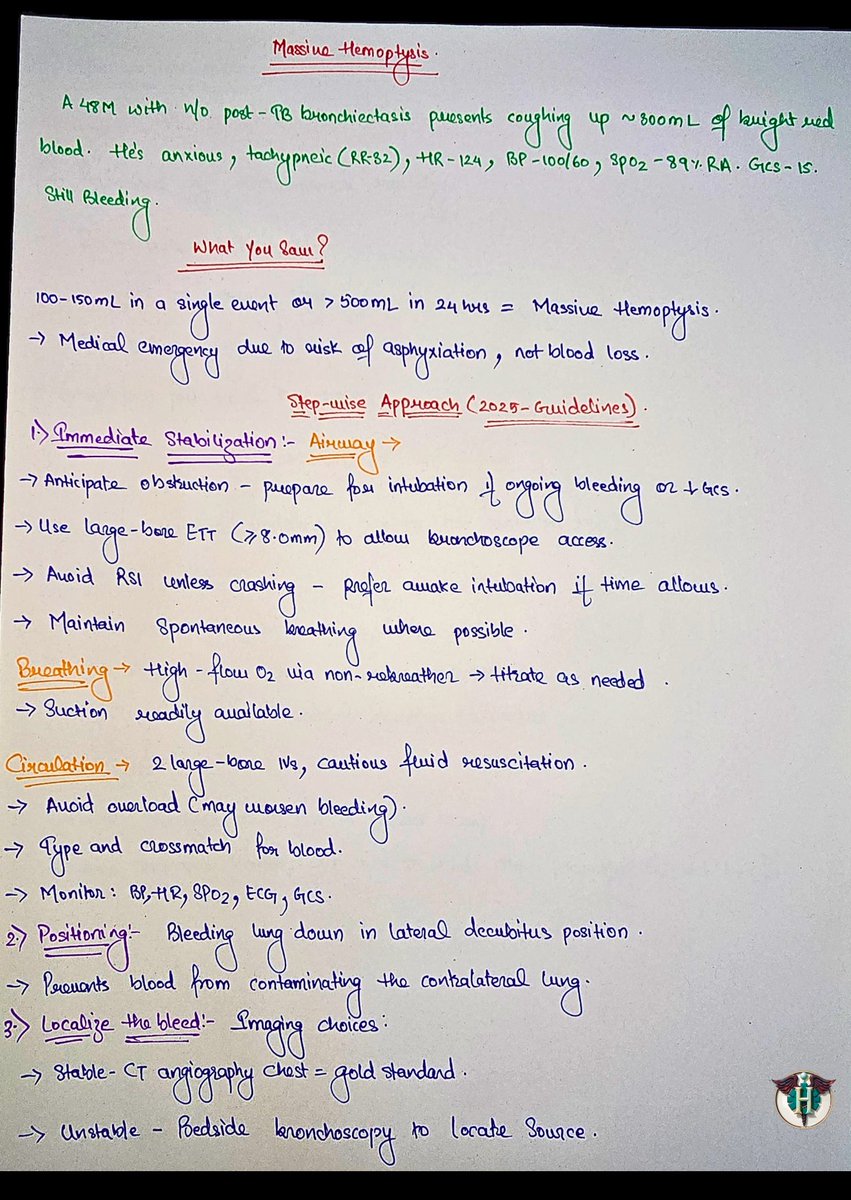HenaLodhia's tweet image. 🫁 Massive Hemoptysis = Airway Emergency

&amp;gt; 100–150 mL at once or &amp;gt;500 mL/24h?
⚠️ Risk of asphyxiation &amp;gt; exsanguination

🔹 Bleeding lung down
🔹 Secure airway if unstable
🔹 CT angio + BAE = definitive
🔹 Bronchoscopy for source/local tx

#PulmCrit #EM #ICU #CasePearl