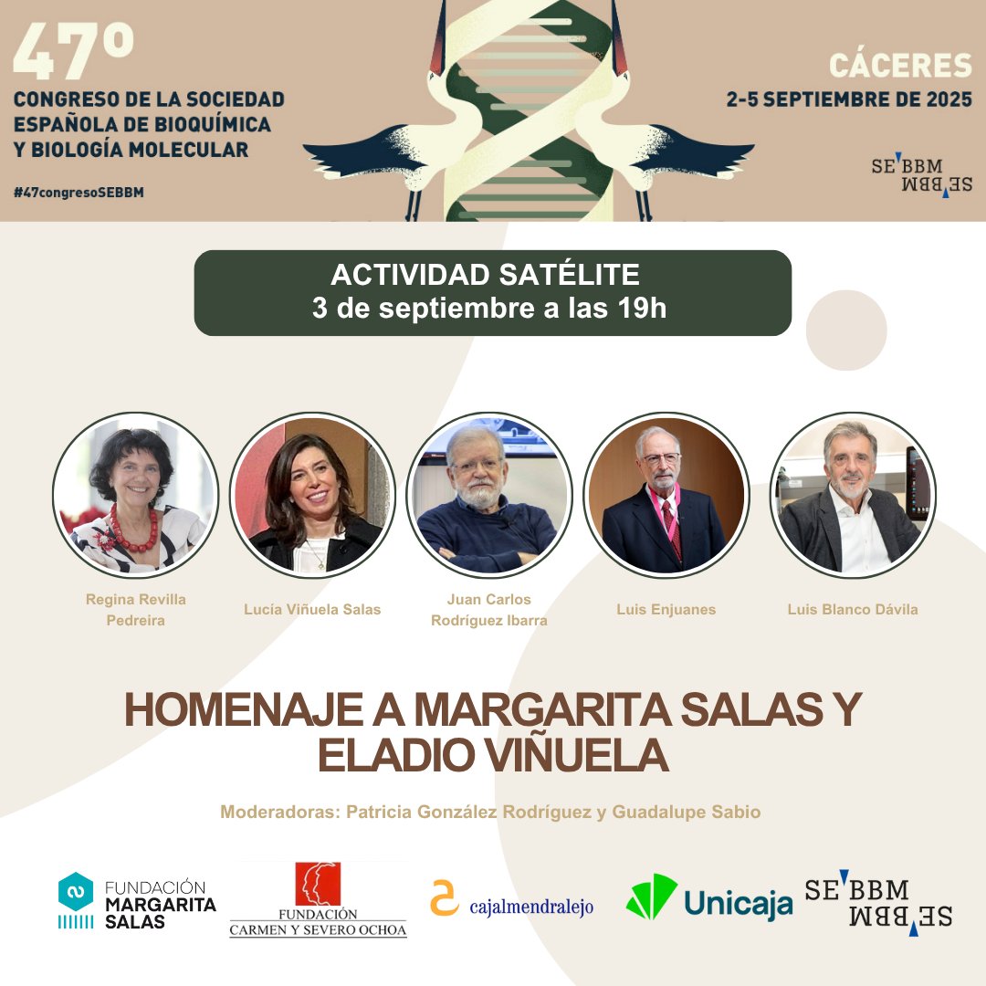 #actividadsatelite
En el  #47congresosebbm, rendimos homenaje a dos referentes fundamentales de la biología molecular en España: Margarita Salas y Eladio Viñuela.

🤝 Con el apoyo de la Fundación Margarita Salas y la Fundación Carmen y Severo Ochoa

👉 f.mtr.cool/kuirfzwgbr
