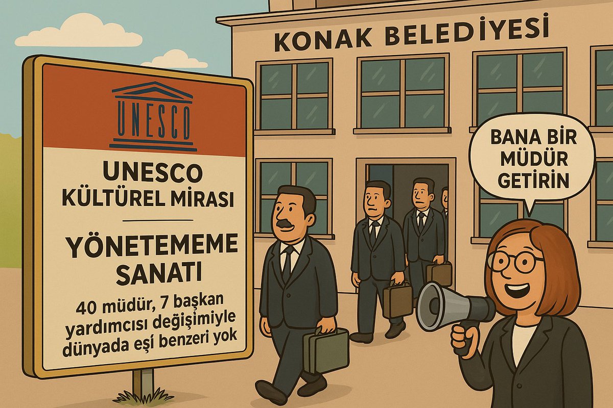 🏛️ UNESCO KÜLTÜREL MİRASINA ADAY: “Yönetememe Sanatı!”

Konak Belediye Başkanı Nilüfer Çınarlı Mutlu,
🔹 1,5 yılda 40 müdür
🔹 7 başkan yardımcısı değiştirerek
“İstikrarsızlıkta dünya rekoru” kırdı!

Üstelik bu rekoru, belediyeyi kendi partisinden devralarak başardı.
Kendi