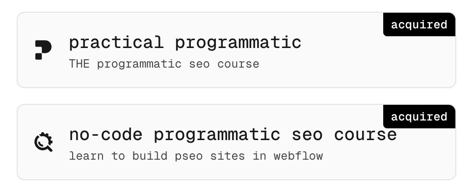 Ian Nuttall (@iannuttall) on Twitter photo I SOLD MY SEO COURSE 🥹
After almost 3 years and $200k+ in total revenue, <a href="/ProgrammaticSEO/">Programmatic SEO</a> has been acquired by <a href="/JoshuaCHardwick/">Joshua Hardwick</a>
Josh is the former head of content <a href="/ahrefs/">Ahrefs</a> and is the perfect person to continue building out the course (so give him a follow!)
What do I do now? I SOLD MY SEO COURSE 🥹
After almost 3 years and $200k+ in total revenue, <a href="/ProgrammaticSEO/">Programmatic SEO</a> has been acquired by <a href="/JoshuaCHardwick/">Joshua Hardwick</a>
Josh is the former head of content <a href="/ahrefs/">Ahrefs</a> and is the perfect person to continue building out the course (so give him a follow!)
What do I do now?