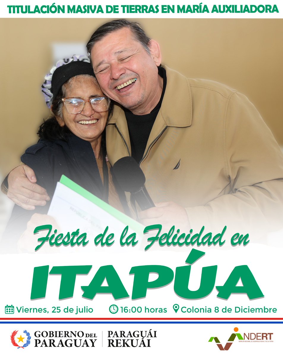 INDERT Paraguay (@indertpy) on Twitter photo Hoy, más familias felices en Itapúa, con la titulación masiva de tierras. #GobiernoDelParaguay
<a href="/SantiPenap/">Santiago Peña</a> <a href="/AllianaPedro/">Pedro Alliana</a> <a href="/frarui1/">Francisco Ruiz Díaz</a> Hoy, más familias felices en Itapúa, con la titulación masiva de tierras. #GobiernoDelParaguay
<a href="/SantiPenap/">Santiago Peña</a> <a href="/AllianaPedro/">Pedro Alliana</a> <a href="/frarui1/">Francisco Ruiz Díaz</a>