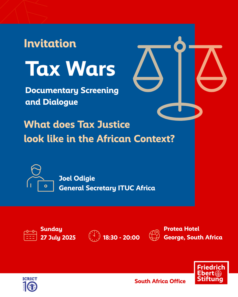 FES_SouthAfrica's tweet image. 📽️ Join us after the L20 side event for a Tax War screening and dialogue on Tax Justice in the African Context.
As global trade shifts, who pays the price—and who benefits?
#TaxJustice #TaxWar #L20 #TradeJustice #AfricanFutures #Taxthesuperrich