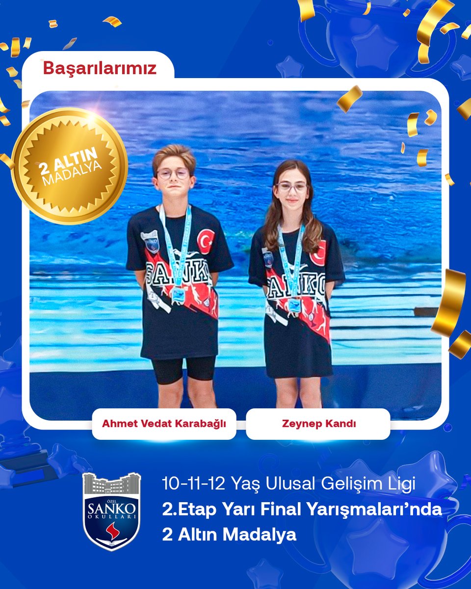 Öğrencilerimiz Zeynep Kandı ve Ahmet Vedat Karabağlı, 18–20 Temmuz 2025 tarihlerinde Samsun’da düzenlenen, Türkiye Yüzme Federasyonu ve Gençlik ve Spor Bakanlığı tarafından organize edilen 10–11–12 Yaş Ulusal Gelişim Ligi 2. Etap Yarı Final Yarışmaları’nda, baraj derecelerini
