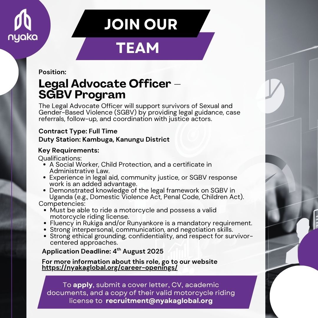 JOIN OUR TEAM!
We’re hiring a Legal Advocate Officer
🟣 Duty Station: Kambuga, Kanungu
🗓 Deadline: Aug 4, 2025
🎯 Must have legal/SGBV experience, Rukiga/Runyankore fluency &amp; motorcycle license.
For more details about the role, go to 👉 nyakaglobal.org/career-opening…