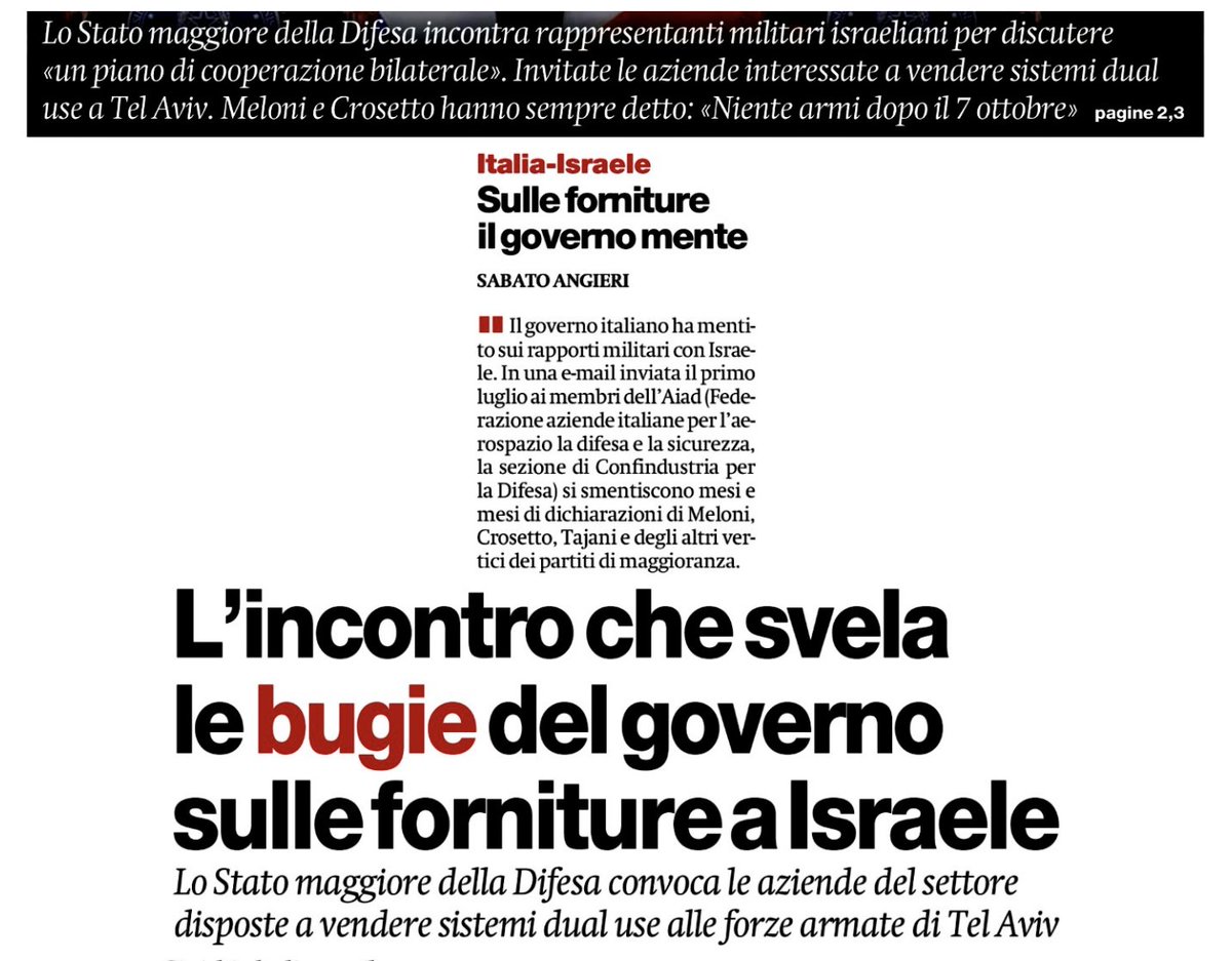 valeriorenzi's tweet image. Oggi la notizia da leggere è su @ilmanifesto: il governo non ha mentito solo su Almasri e su Paragon, lo ha fatto anche sulle forniture militari a Israele
ilmanifesto.it/lincontro-che-…