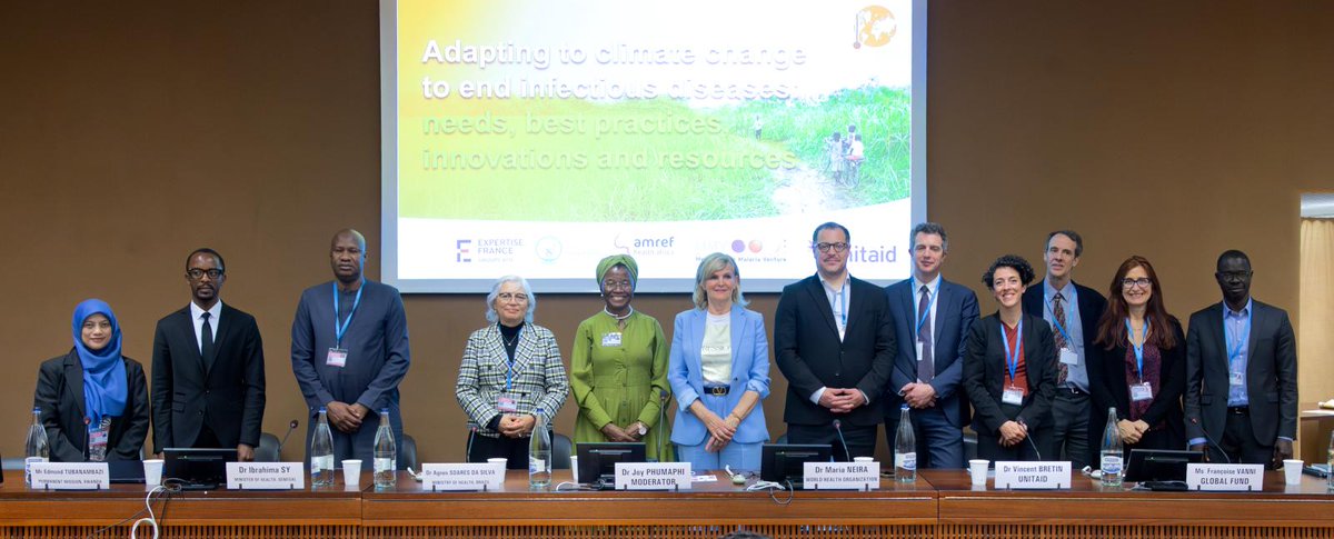 ALMA_2030's tweet image. At #WHA78 in Geneva, ALMA’s @JoyPhumaphi_  moderated the official side event: “Adapting to Climate Change to End Infectious Diseases.”

Co-hosted by France, Rwanda, Amref, MMV &amp;amp; Unitaid, the event explored how #climatechange is driving the spread of diseases like #malaria,…