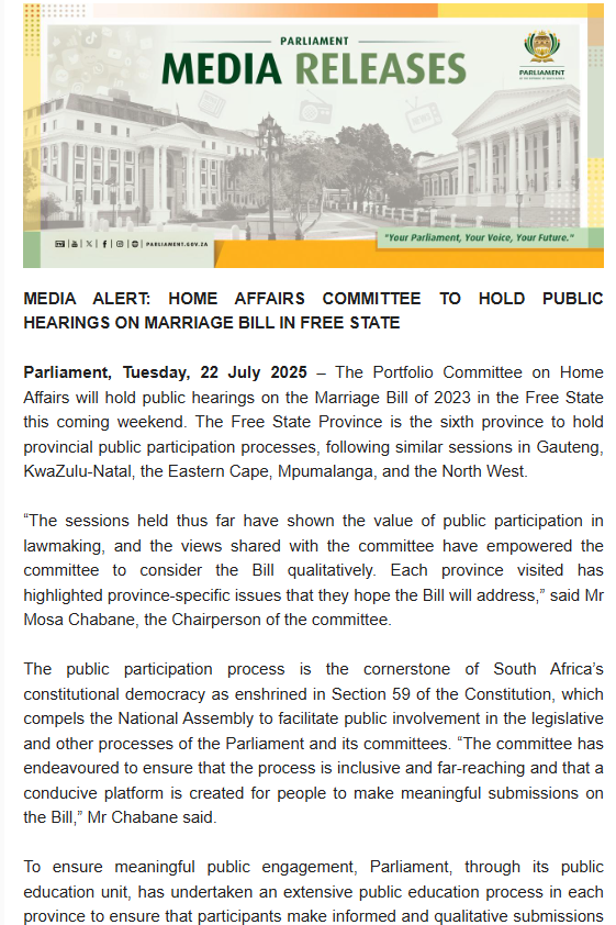 PMG_SA's tweet image. HOME AFFAIRS COMMITTEE TO HOLD PUBLIC HEARINGS ON MARRIAGE BILL IN FREE STATE
Watch Live: youtube.com/watch?v=c42Ylr…
Bill: pmg.org.za/bill/1204/