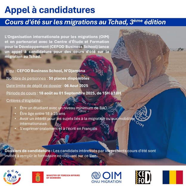 Appel à candidature pour la troisième édition des cours d'été sur la #migration au #Tchad.
Tu as moins de 25 ans et tu veux mieux comprendre la migration au Tchad ? Participe aux cours d’été #OIM! tinyurl.com/543dayvk