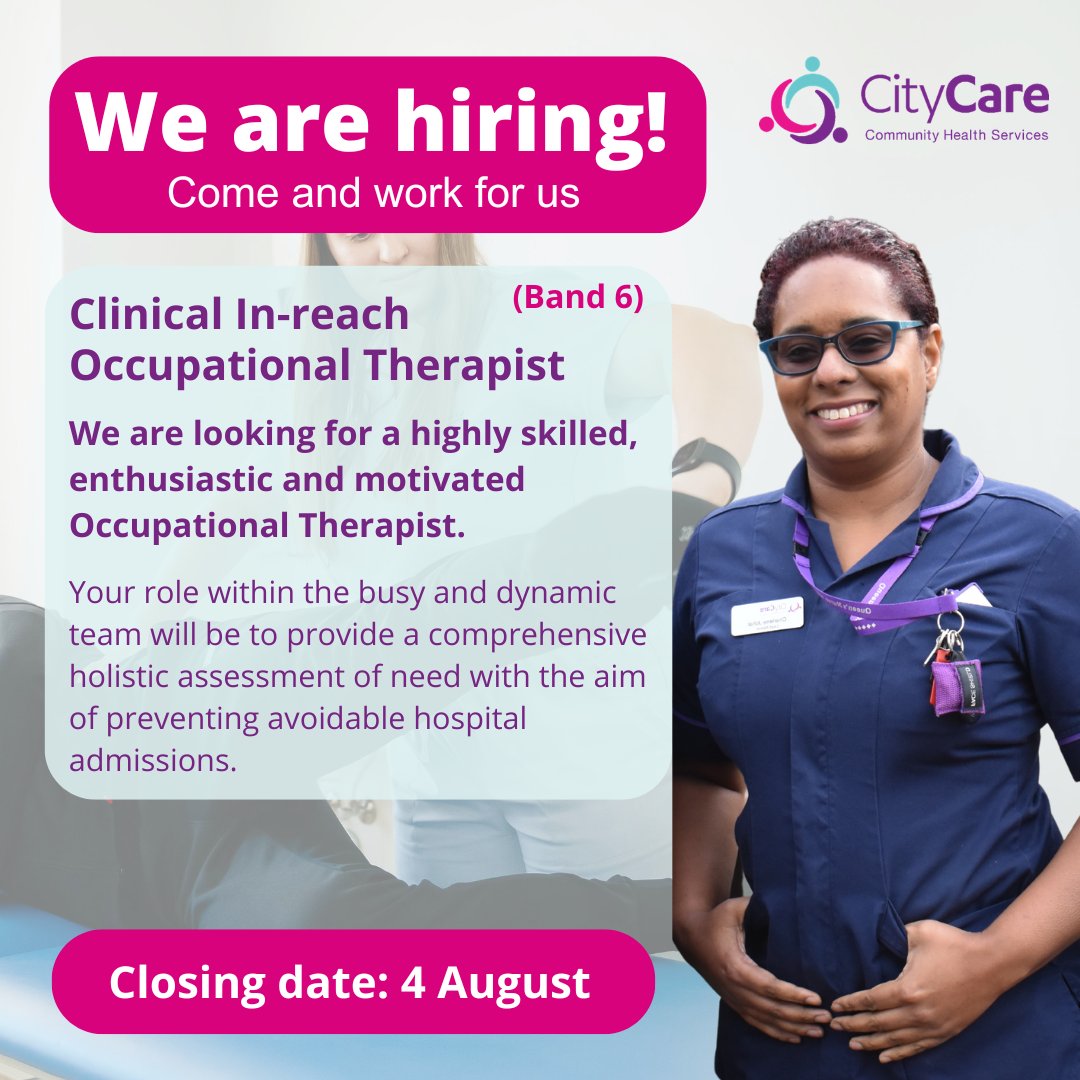 We're Hiring: Occupational Therapist!
📅Deadline: 4 Aug
📍 QMC, Nottingham
🕒 Full-time/part-time
In this role you'll:
🟣Deliver urgent, patient-focused care
🟣Work in a supportive MDT
🟣Prevent avoidable admissions
🟣Support timely discharges
Apply here: beta.jobs.nhs.uk/candidate/joba…