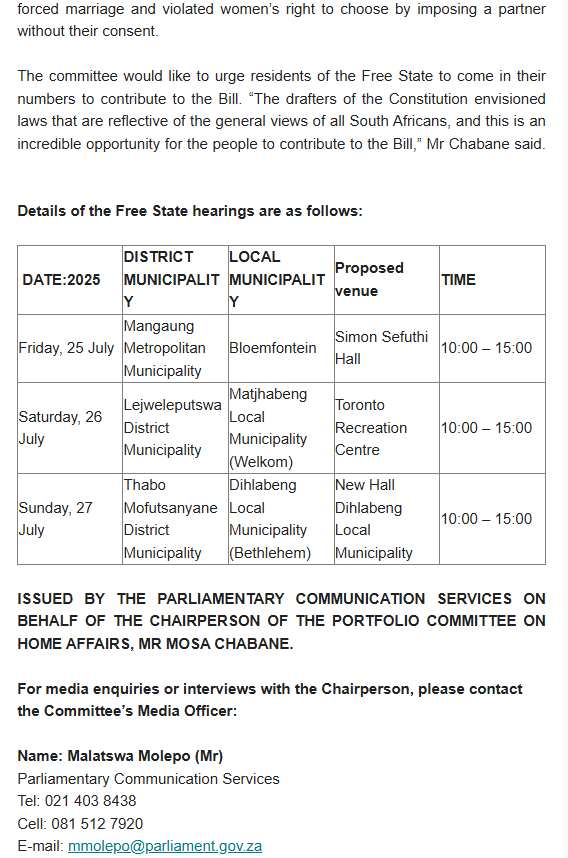 PMG_SA's tweet image. HOME AFFAIRS COMMITTEE TO HOLD PUBLIC HEARINGS ON MARRIAGE BILL IN FREE STATE
Watch Live: youtube.com/watch?v=c42Ylr…
Bill: pmg.org.za/bill/1204/