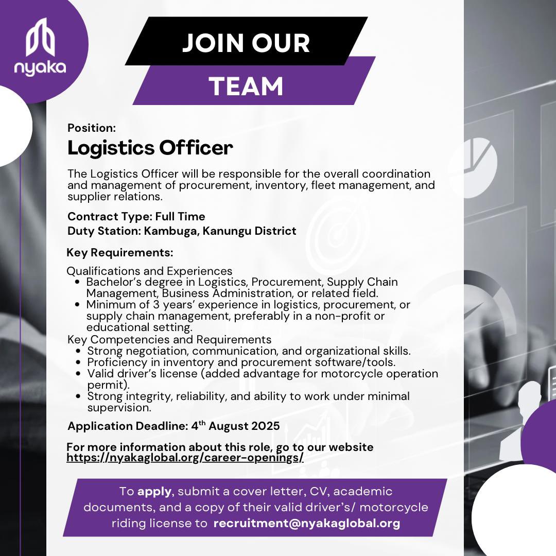 JOIN OUR TEAM!
We are hiring a Logistics Officer!
📍 Kambuga, Kanungu District
✅ 3+ yrs in logistics/procurement
🎯 Must have driver’s license (+motorcycle permit is a plus)
📅 Apply by Aug 4,2025
For more details about the role, go to 👉 nyakaglobal.org/career-opening…