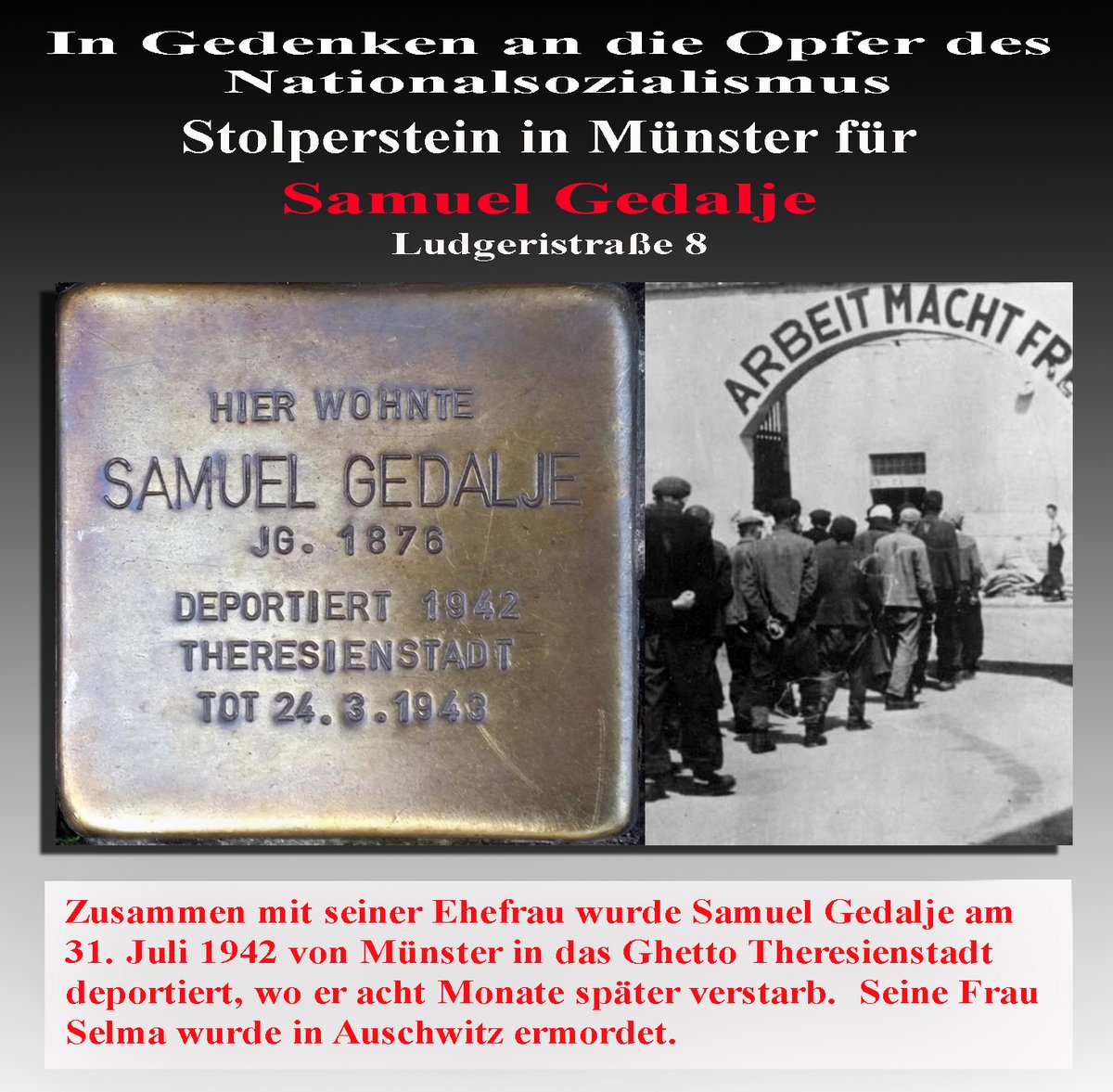 Muenstertube's tweet image. #Münster. Der tägliche Stolperstein gegen das Vergessen: Samuel Gedalje #Antisemitismus #Stolpersteine #NieWieder #Niewiederistjetzt #Holocaust #Thersienstadt #noNazis #noAfD #AfDVerbotjetzt #wirsindmehr
Mehr zum Schicksal des Nazi-Opfers hier:
muenstertube.wordpress.com/2023/05/31/ged…
