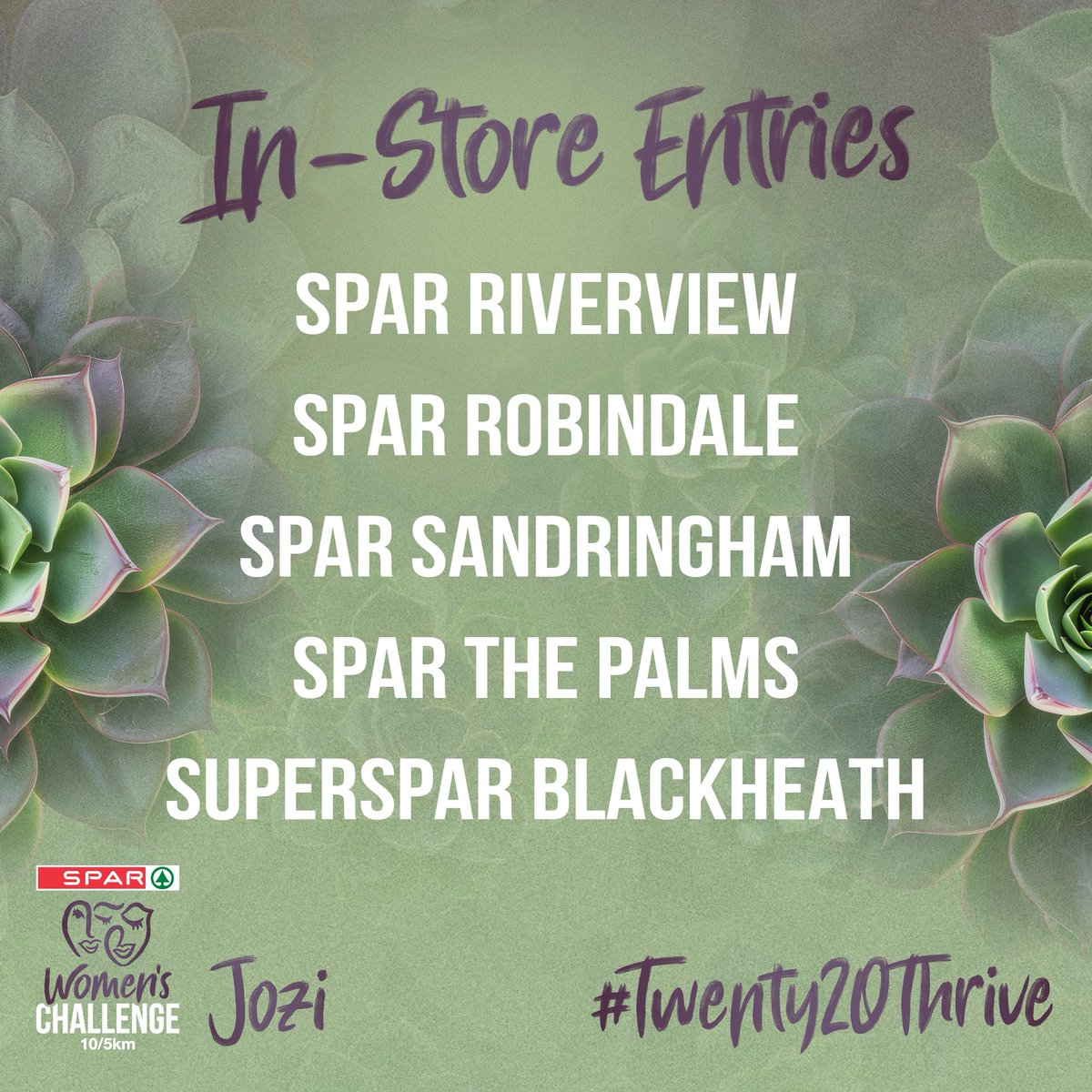 Ready to enter in-store? You can grab your entry at these participating SPAR stores starting TODAY! 🔥 Check the list below (1) 👇 and get moving!

✨ Be one of the first to sign up

Let’s go, Jozi — the road to #Twenty20Thrive starts now 💛

#Twenty20Thrive #SPARWomensJozi