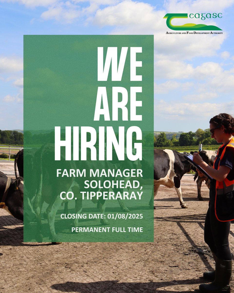 We’re hiring a Farm Manager!
Lead day-to-day ops at Solohead dairy research farm in Co. Tipperary 🐄🌱
🔬 Work with scientists on sustainable agri solutions
Link: teagasc.ie/about/opportun…📅 Apply by 1 Aug
#FarmManager #AgriCareers #DairyResearch