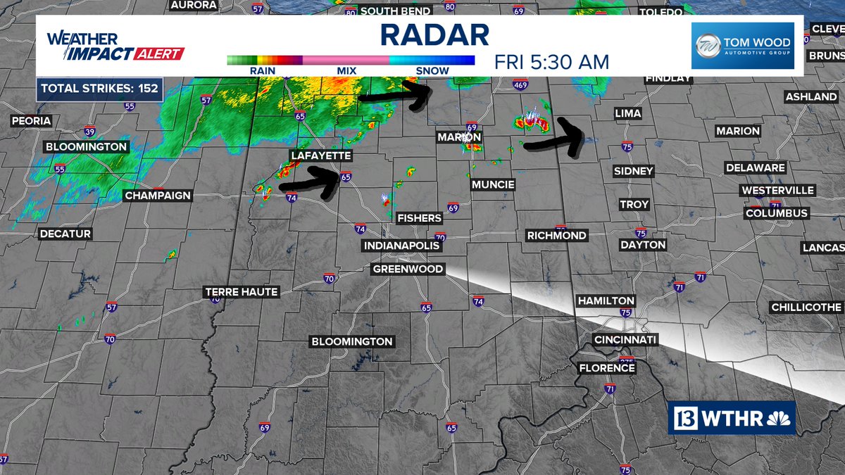 5:30AM -- A weak front in northern Indiana is gradually drifting south, sparking showers and thunderstorms this morning. Downpours will become more widespread across central Indiana after 11AM. #INwx Expect times of high heat and rain on-and-off. <a href="/WTHRcom/">WTHR.com</a>