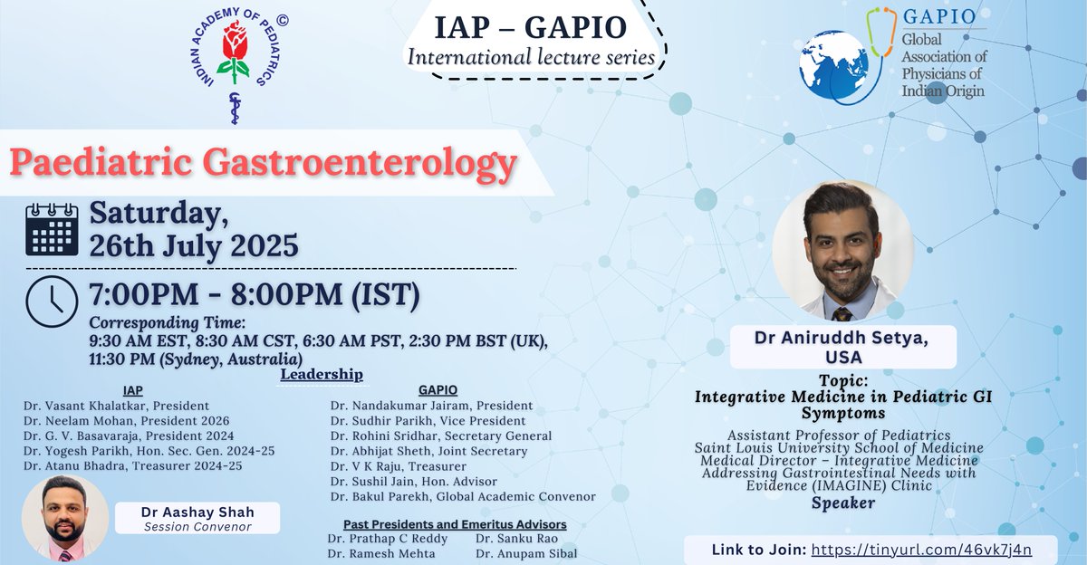 🩺 Join us for the GAPIO–IAP International Lecture on Paediatric Gastroenterology
🗓 Sat, 26 July 2025
⏰ 7:00 PM IST
🎙 Dr. Aashay Shah
🌍 Open to all doctors &amp; med students
🔗 diapindia.org.in/event/iap-gapi…
#GAPIO #Pediatrics #MedTwitter