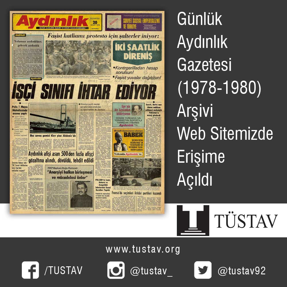 tustav92's tweet image. Aydınlık Gazetesi (1978-80) arşivi tamamlandı.
Deneme nüshaları dahil, Mart - Ekim 1978 arası sayıların da eklenmesi ile günlük Aydınlık Gazetesi arşivimiz genişledi. TÜSTAV web sitesinde açık erişimde yer alan arşive erişmek için:
tustav.org/sureli-yayinla…