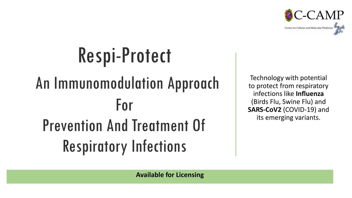 CCAMP_India's tweet photo. #TechnologyForLicensing
We are looking for industry partners to scale up a novel immunomodulator in the respiratory infection space.
Developed and translated by the CCAMP translation research programme, Respi-Protect helps to prevent and treat respiratory infections such as the flu and COVID-19 through intranasal delivery.
Respi-Protect's USP: A non-invasive, easily deliverable option for the prevention and treatment of various respiratory infections.
What is the technology?
It is an immunomodulatory peptide-based immune-boosting mechanism with broad-spectrum activity against viruses like Influenza and potentially SARS-CoV-2
How does it work?
Respi-Protect works by activating the innate immune system in the nasal mucosa, which is the initial entry point for respiratory pathogens. This activation is achieved by modulating the TLR2/4 pathways.
Studies conducted on animal models of influenza and COVID-19 have shown that Respi-Protect can serve both prophylactically and therapeutically, reducing lung damage and viral titers.
We invite #industry partners and other interested stakeholders to explore partnership opportunities with us. If you are interested in knowing more about this technology, please reach out to the CCAMP Office of Technology Transfer (#OTT):
๐งott@ccamp.res.in, dia_licensing@ccamp.res.in
๐ท080 6718 5322
@Taslimarif @BIRAC_2012 @SiemensHealth @Boehringer @Novartis @NovartisIndia @biogen
@EliLillyandCo @AurigenePharma @sanofi @IndiaSanofi @Cipla_Global @ZydusUniverse @PrinSciAdvOff @PrinSciAdvGoI @DBTIndia @IndiaDST