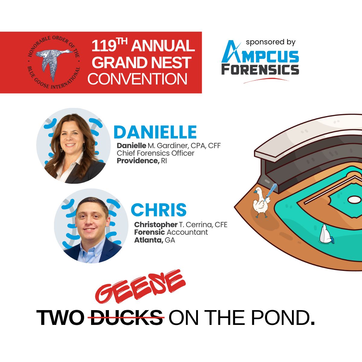 AmpcusForensics's tweet image. We&apos;re thrilled to announce that two of our team members, #DanielleGardiner, and #ChristopherCerrina,  will be inducted (in-goosed?) into the Honorable Order of the Blue Goose International next week in #Boston! 

Come celebrate with them on a behind-the-scenes tour of #FenwayPark