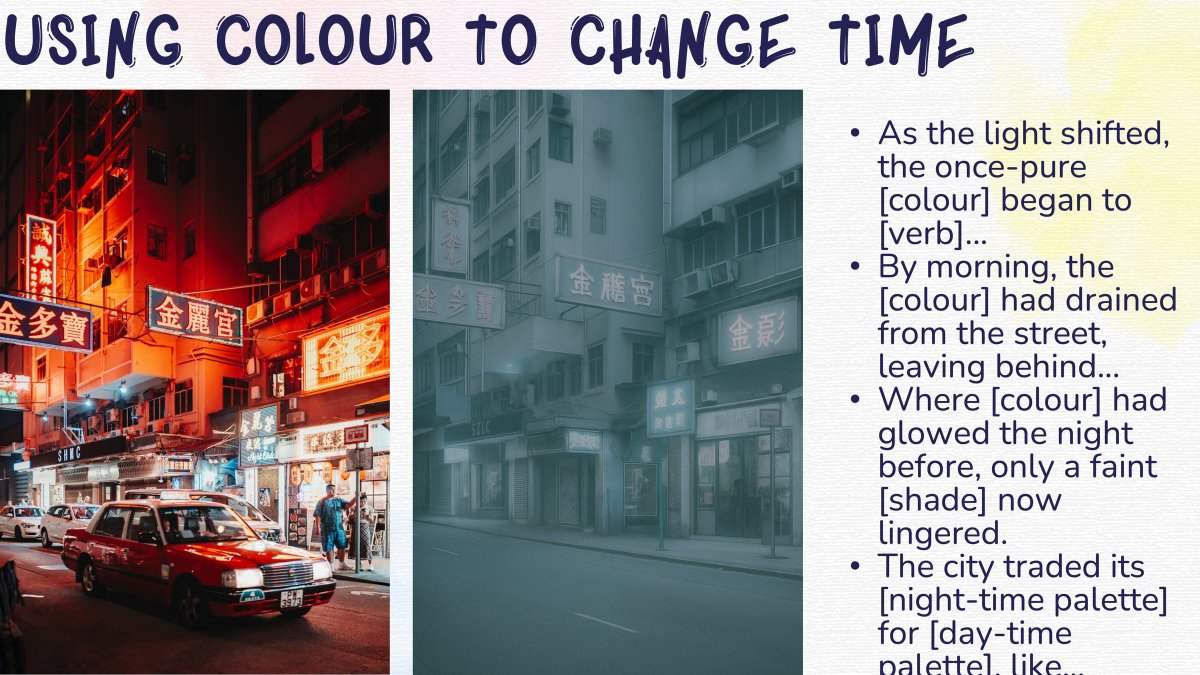 This month's subscriber content is focused on the language writing questions. 
The blog for August is about building colour imagery with students, something I do to ensure they focus on precision of language and being specific in their word choice. 
Lots of slides included 👇