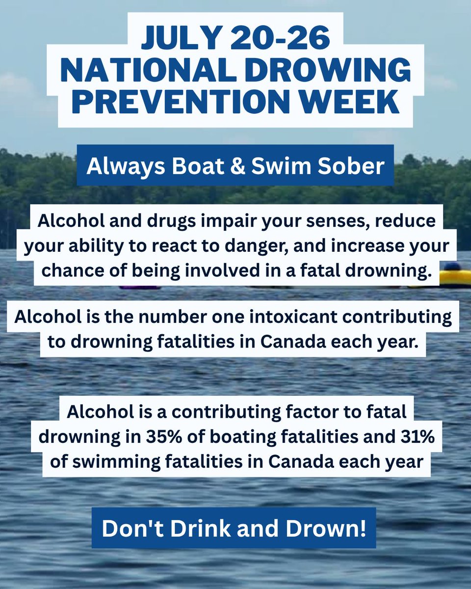 July 20–26 is National Drowning Prevention Week.

Alcohol is a leading factor in many drownings in Canada 

Alcohol is involved in: 
🛥️ 35% of boating fatalities
🏊 31% of swimming deaths

Stay safe—boat &amp; swim sober.

Don't drink and drown.

#NDPW2025 #DrowningIsPreventable