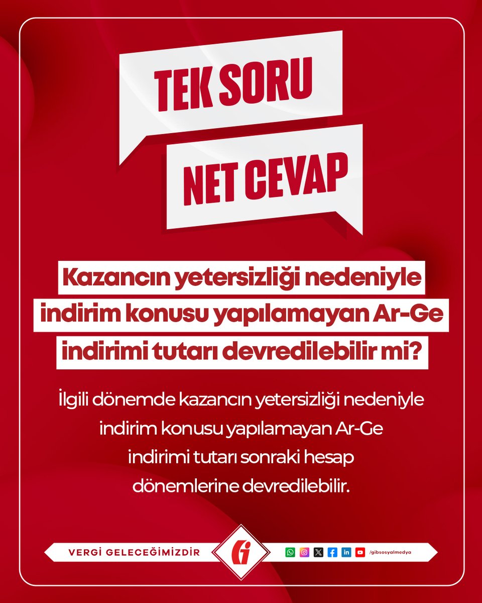 🎯 #TekSoruNetCevap

Kurumlar Vergisi (Ar-ge Ve Tasarım İndirimi)’ne ilişkin sıkça sorulan sorular ve cevaplarına sitemizden (gib.gov.tr) ulaşabilirsiniz.

gib.gov.tr/yardim-ve-kayn…  

#GİB #VergiGeleceğimizdir