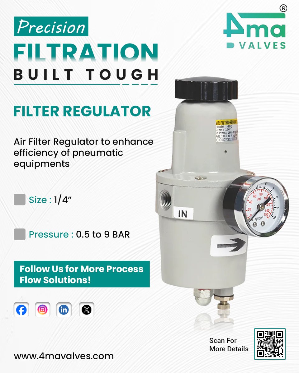 4mavalves's tweet image. Optimize your pneumatic systems with the Filter Regulator! 🛠️ With an aluminium body, 5-micron filtration, 

Benefits: durable, reliable, and ideal for harsh industrial environments. 

#4maValves #FilterRegulator #IndustrialAutomation #PneumaticSystems #PrecisionFiltration #post