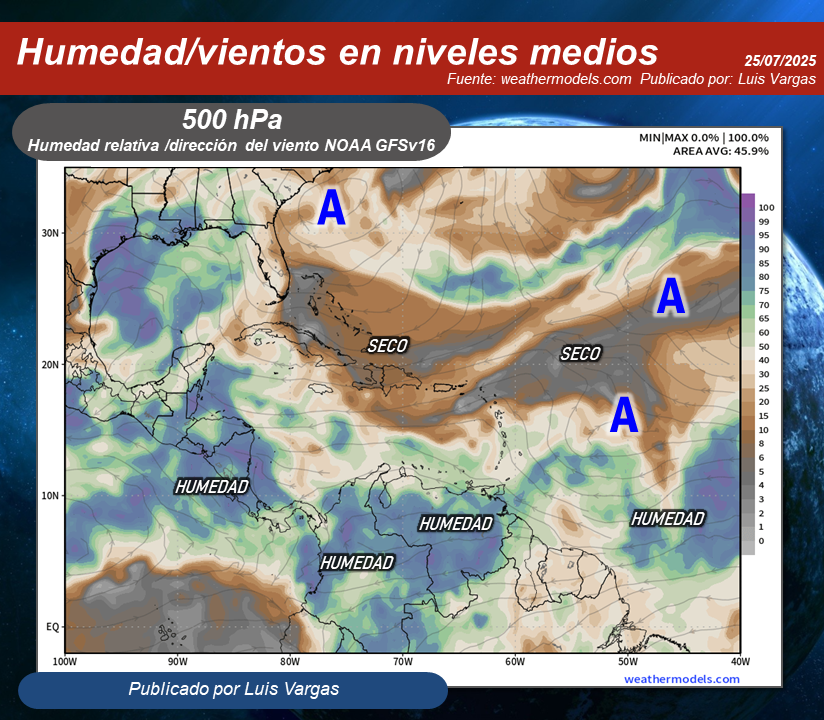 #25Jul Onda tropical ya sobre el norte de Colombia, estará interactuando con la Vaguada Monzónica y además modula el patrón de humedad en el occidente de Venezuela, lo que favorecerá especialmente en horas de la tarde o noche, nubosidad con lluvias y chubascos en áreas de Zulia,