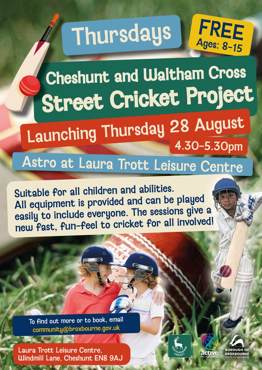🎉 Free Street Cricket for ages 8–15!

🏏 Fun, fast-paced sessions every Thursday at Laura Trott Leisure Centre
📅 Starts 28 August | ⏰ 4:30–5:30pm
📍 Cheshunt &amp; Waltham Cross

All equipment provided!🌟

#StreetCricket #Free #Cheshunt #Active