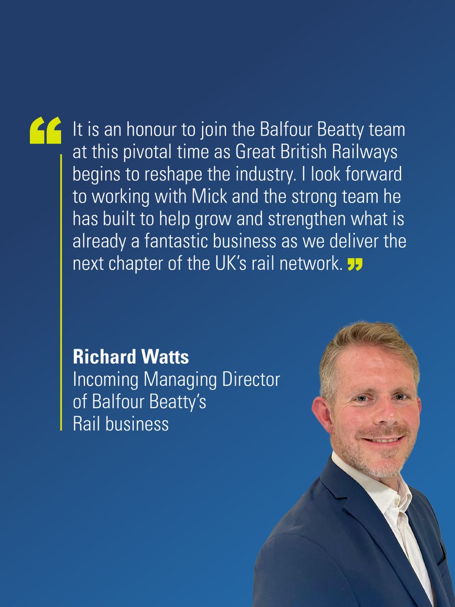 We're pleased to welcome Richard Watts as incoming MD of Balfour Beatty’s UK Rail business from Jan 2026. He’ll succeed Mick Rayner, who moves into a Senior Advisory role after 27 years with us. 

Read more here: balfourbeatty.com/media-centre/l…
