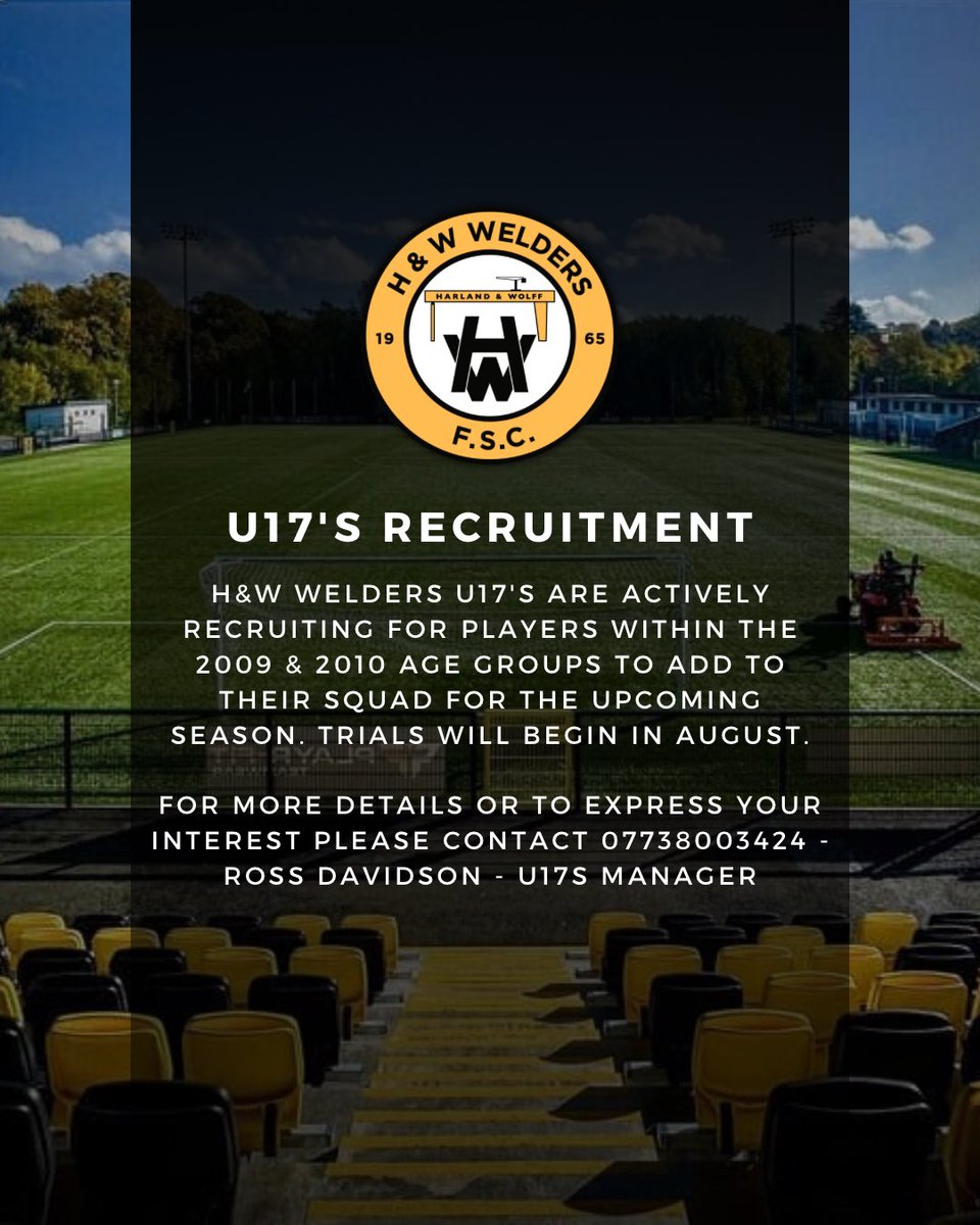 𝗨𝟭𝟳𝘀 𝗥𝗘𝗖𝗥𝗨𝗜𝗧𝗠𝗘𝗡𝗧 ℹ️

Please see details below for opportunities within our U17s team for players within the age groups 2009 &amp; 2010. 

Contact Ross Davidson on 07738003432 for more information or to register your interest.