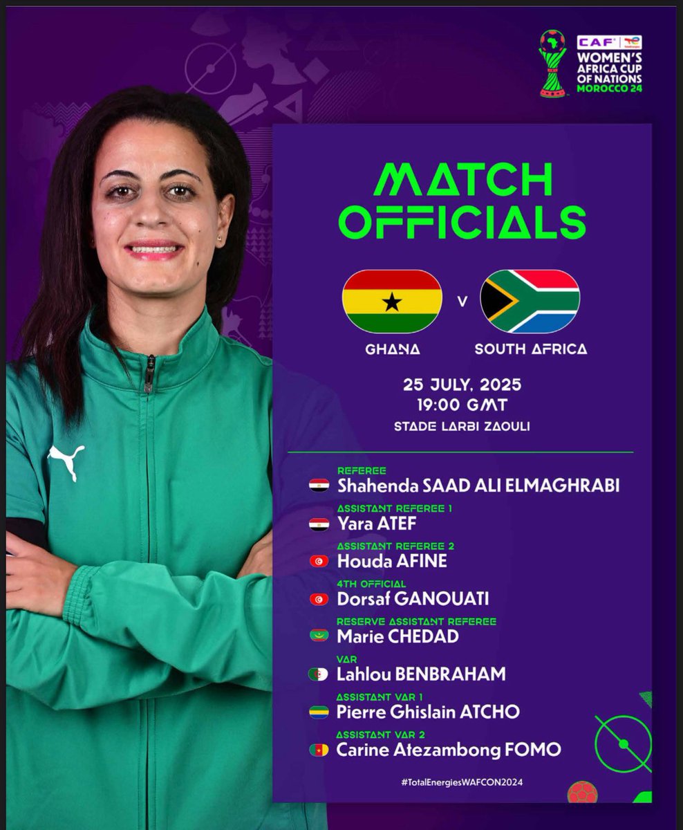 GHNaijaBallers's tweet image. 🚨🇬🇭 Match Officials for tonight’s game between Ghana and South Africa. #TotalEnergiesWAFCON2024 #GNBWAFCON