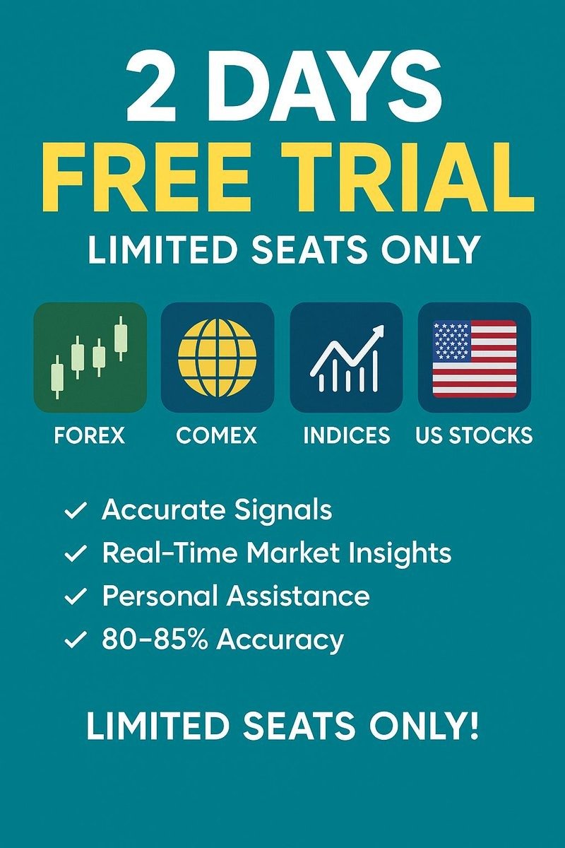 RiaMehra06's tweet photo. 🎯 2 DAYS FREE TRIAL – LIMITED SEATS ONLY!
🔥 Get access to premium signals in:
💹 #FOREX  | 🌐 #Comex | 📊 #Indices | ₿ #Bitcoin  | 🇺🇸 #USStocks
Wht you’ll get
✅ Intraday &amp; Scalping Signals
✅ 80–85% Accuracy
✅ Live Market Updates
✅ Personal Guidance
✅ Trial in All Segments https://t.co/LYTRUZkl7f