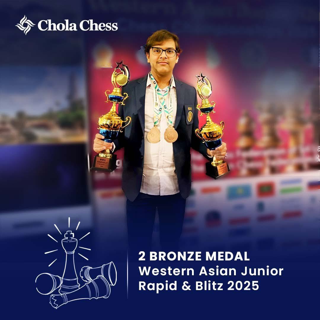 CholaChess's tweet image. Sharjah Champion & Double Bronze Glory!
IM Mayank Chakraborty rises from 10th seed to Champion at the Sharjah Masters 2025 (Category B) — adding 20 Elo points to his rating!
That’s not all — he also brings home double bronze for India at the Western Asian Junior 2025, in both…