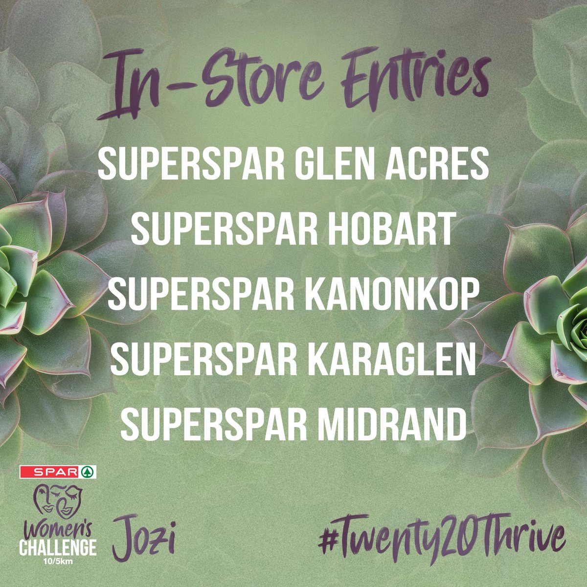 Ready to enter in-store? You can grab your entry at these participating SPAR stores starting TODAY! 🔥 Check the list below (2) 👇 and get moving!

✨ Be one of the first to sign up

Let’s go, Jozi — the road to #Twenty20Thrive starts now 💛

#Twenty20Thrive #SPARWomensJozi