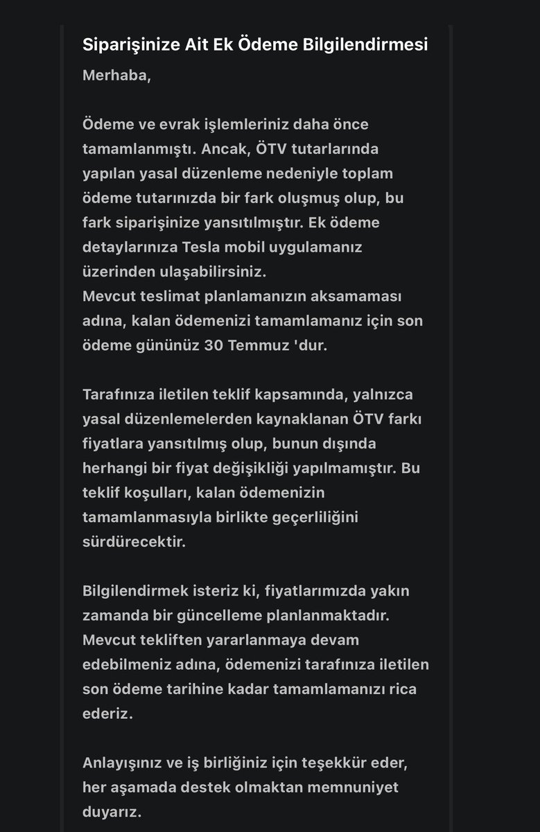 mesutcevik's tweet image. Tesla’dan kullanıcılara gönderilen mesajda yakın zamanda fiyatların güncelleneceği söyleniyor. Temmuz envanter satışının iptali de buna işaret ediyor.